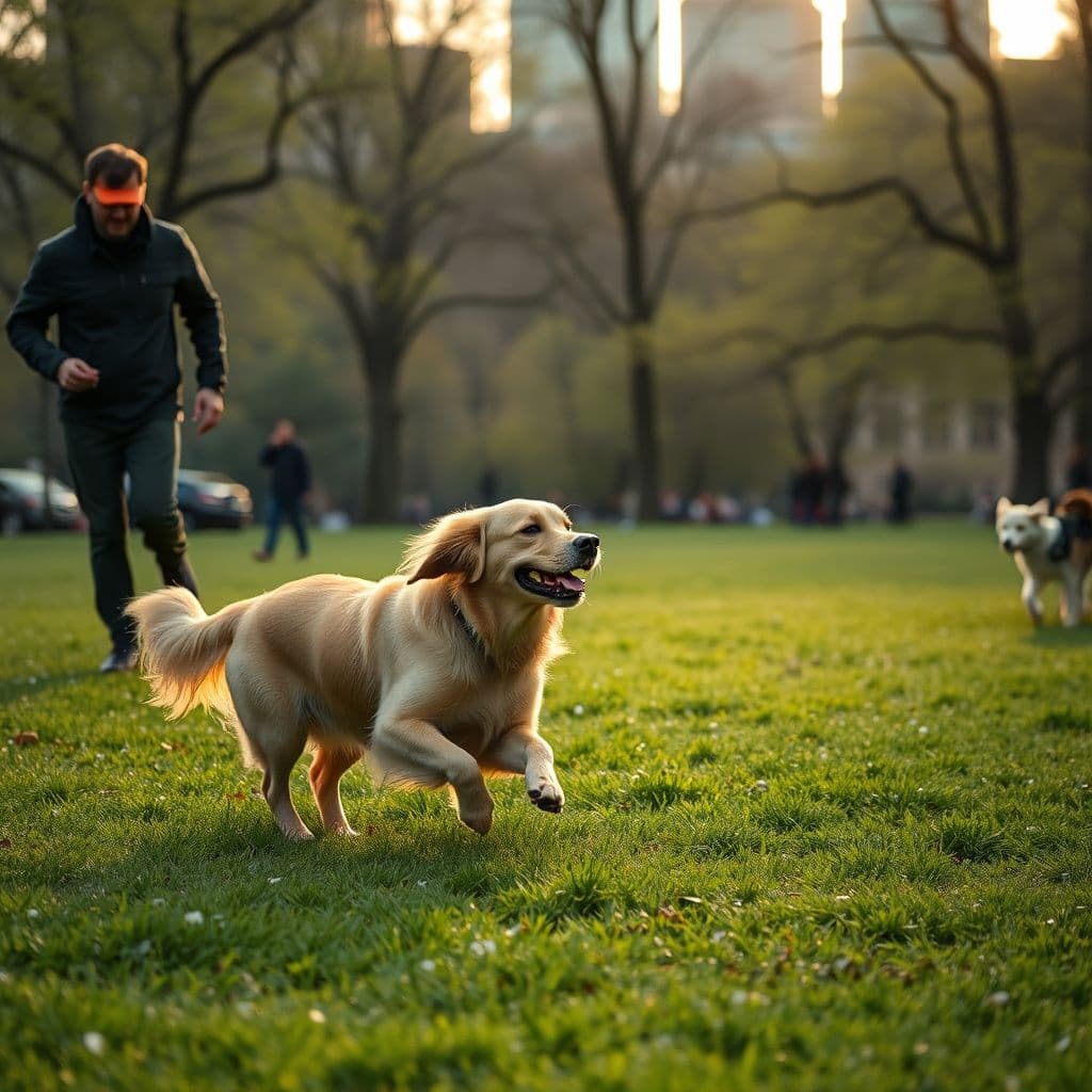 Perro feliz corriendo hacia su dueño en un parque soleado.