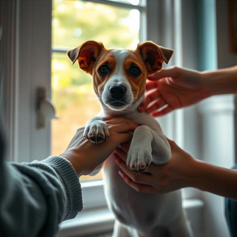 Dueño limpiando suavemente con un paño las patas embarradas de un perro pequeño en la entrada de casa.