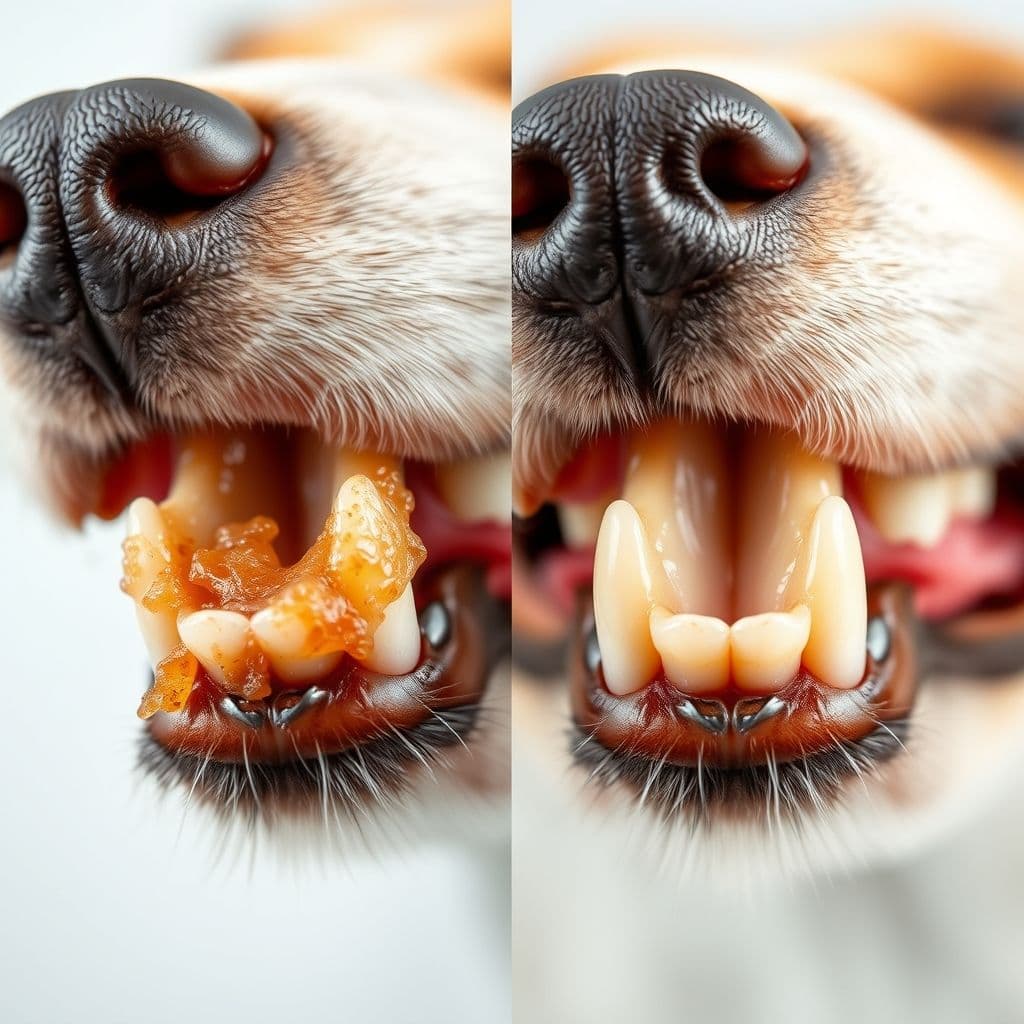 Comparación visual de dientes caninos antes y después del uso de snacks naturales