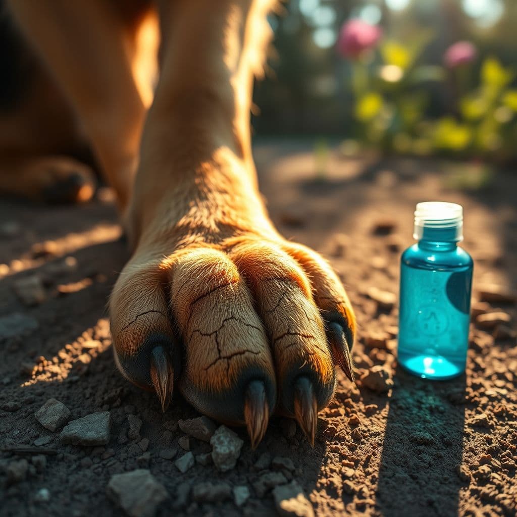 Primer plano de las almohadillas de un perro mostrando sequedad y grietas, con un frasco de crema hidratante canina al lado.