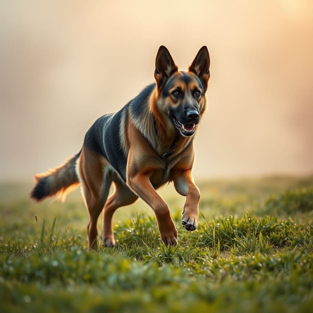 Secuencia de perro detectando conejo a distancia en campo abierto con expresión de alerta