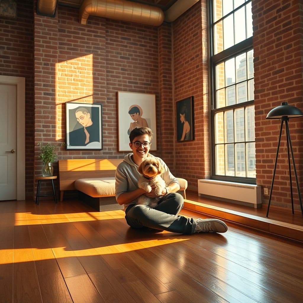 Dueño sonriente usando una lima eléctrica para uñas en su perro tranquilo en casa