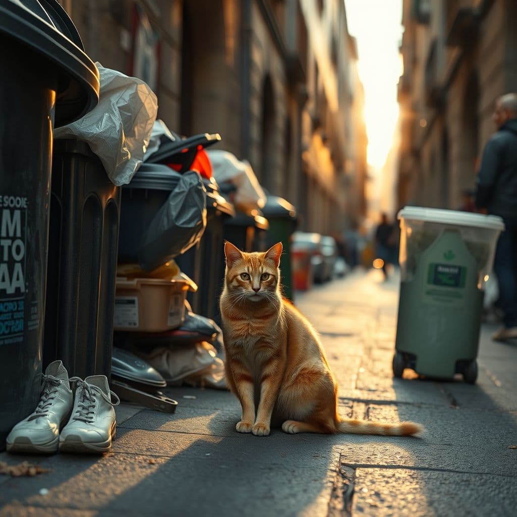 Gato callejero en colonia felina esperando alimento mientras cuidadora voluntaria llega con pienso