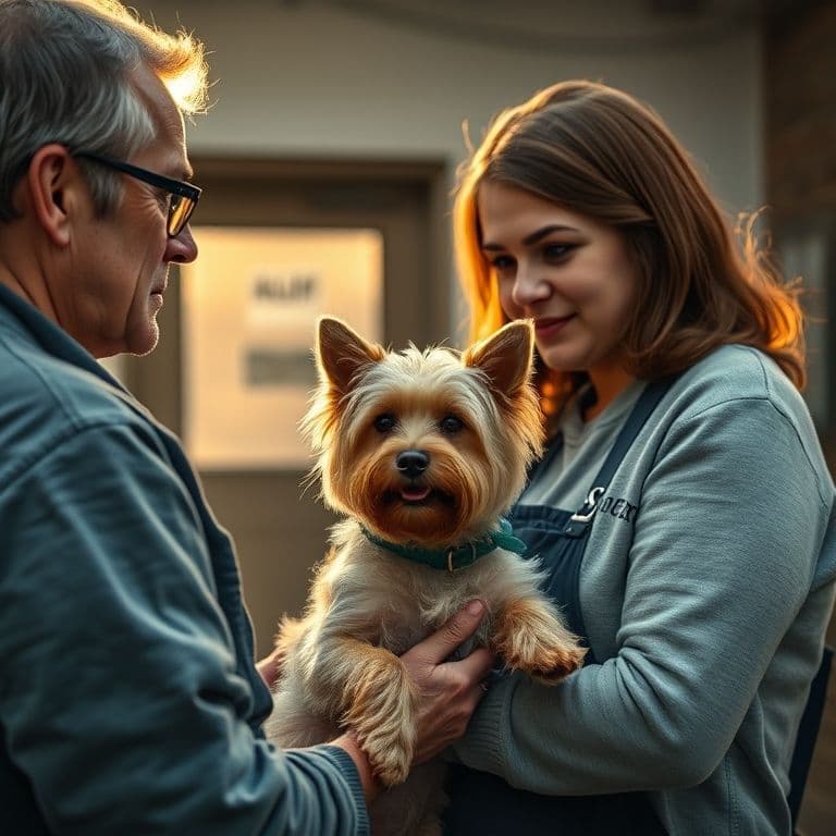 Familia adoptando perro de refugio con profesional de protectora animal