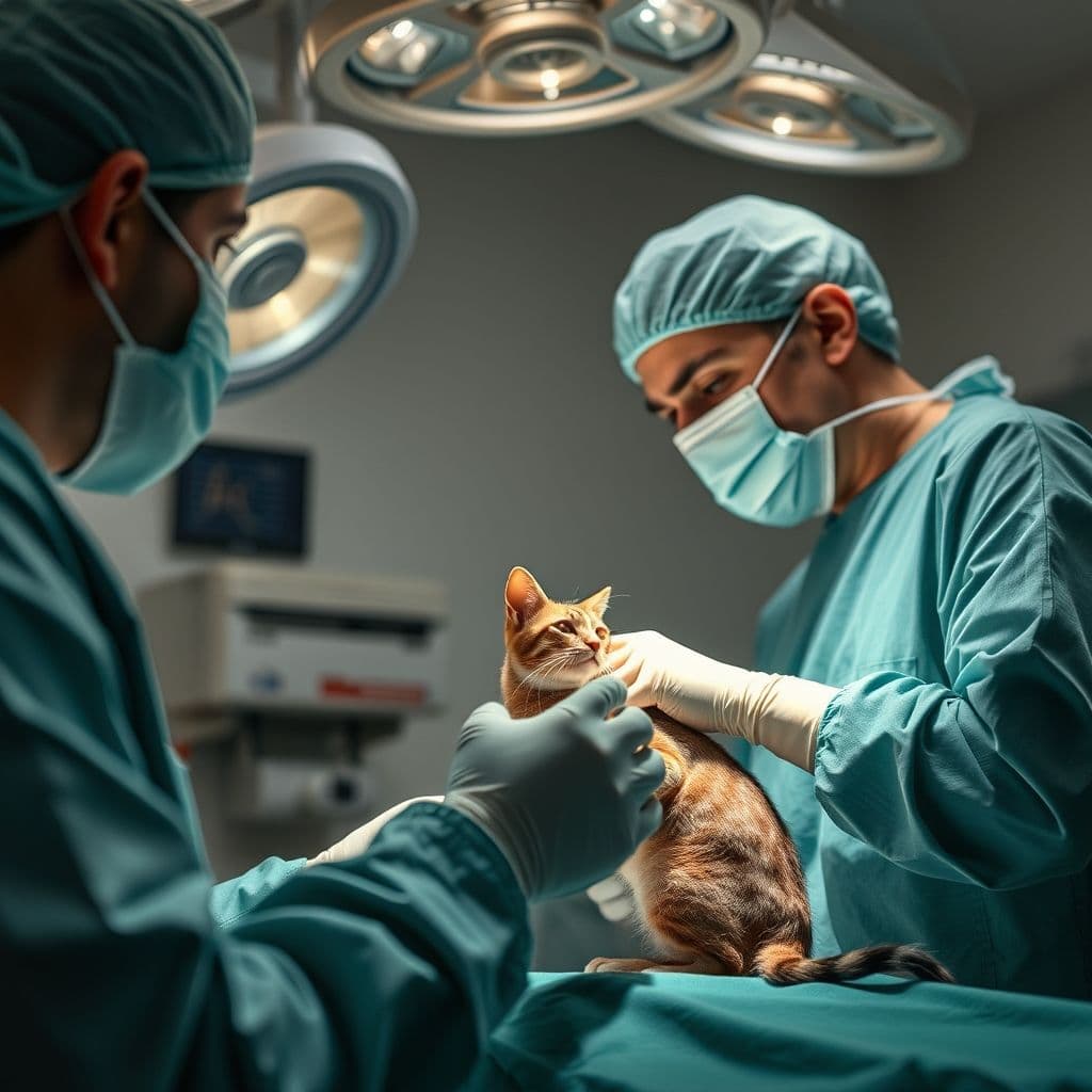 Veterinario realizando cirugía a un gato callejero
