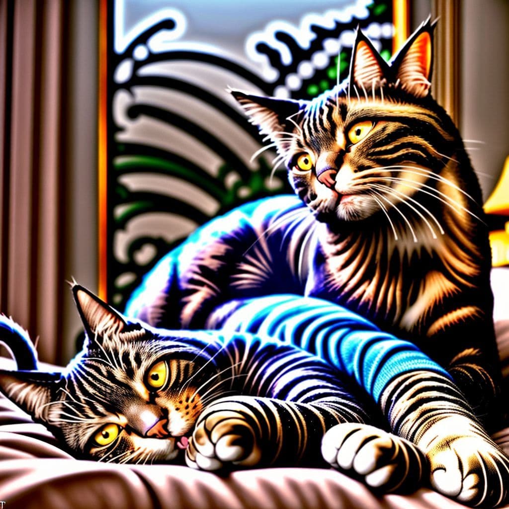 Comparación visual entre un gato no castrado mostrando comportamientos problemáticos y un gato castrado tranquilo.