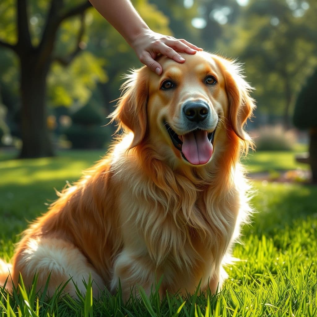 Perro golden retriever feliz con pelaje brillante recibiéndole cariño en un jardín soleado