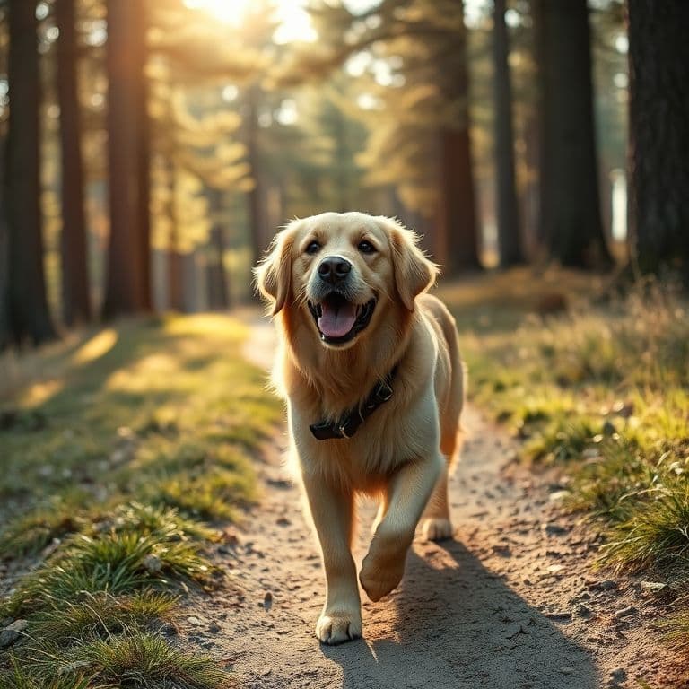 Perro de raza golden retriever caminando por un sendero de tierra, mostrando la naturalidad del contacto de sus patas con el suelo.