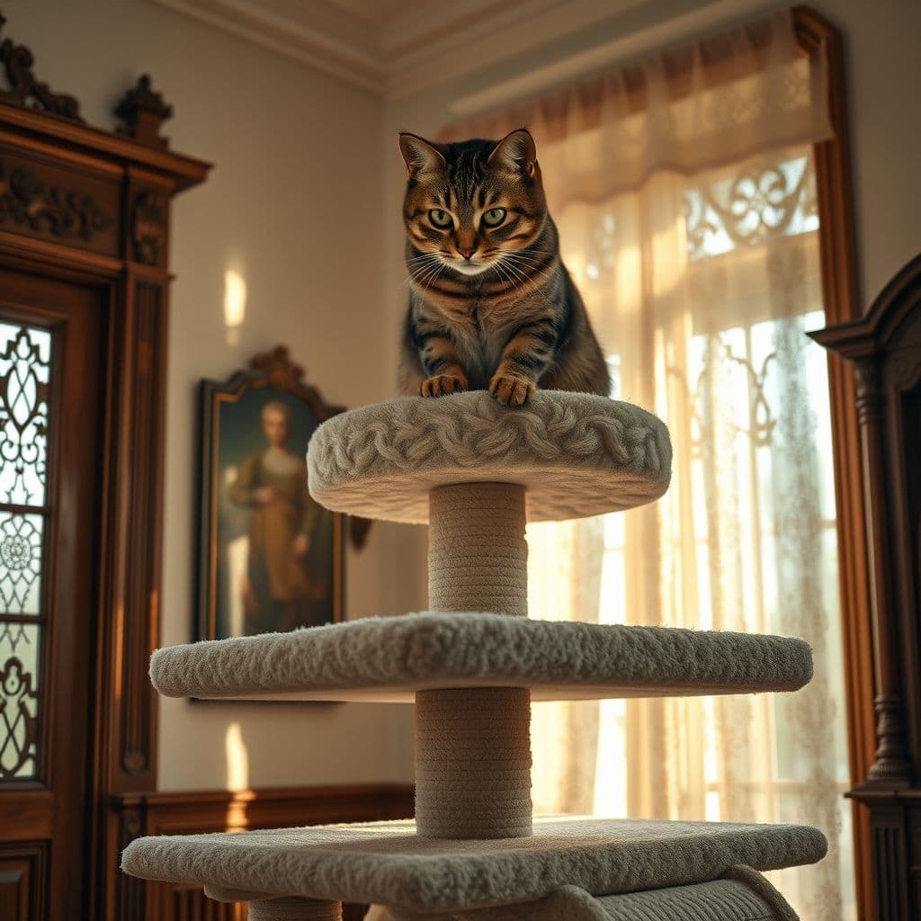 Gato trepando en un árbol para gatos con múltiples niveles.