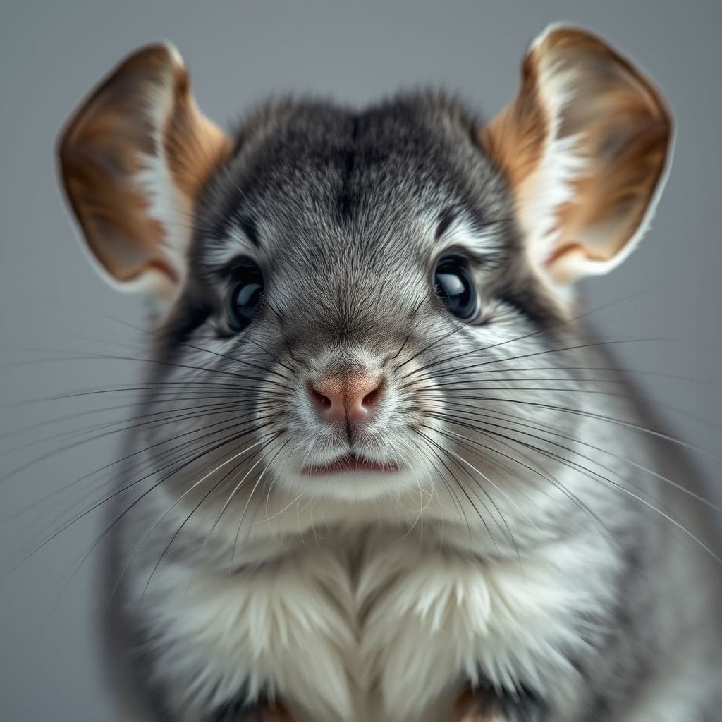 Chinchilla gris con pelaje suave mirando a la cámara con curiosidad