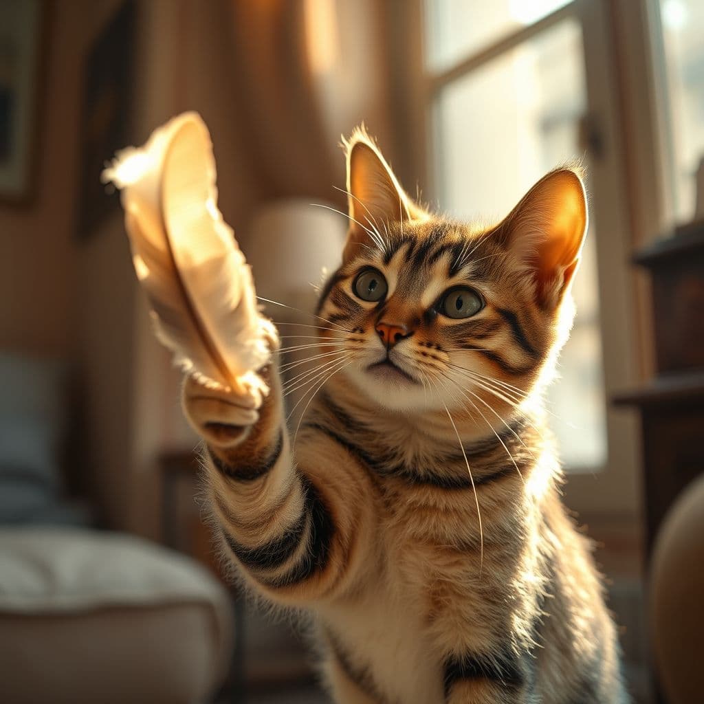 Gato jugando con un juguete de plumas en un ambiente cálido y acogedor.