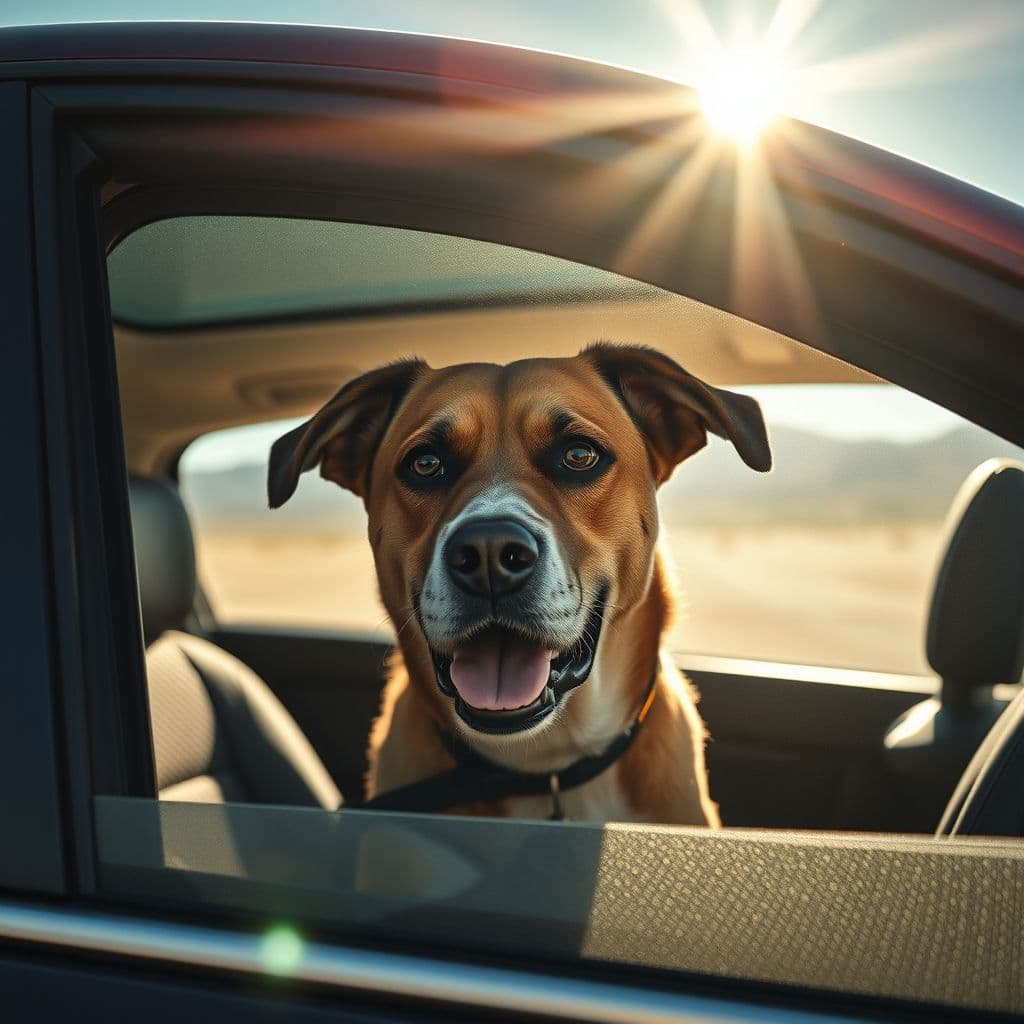 Automóvil con advertencia de no dejar mascotas dentro en calor