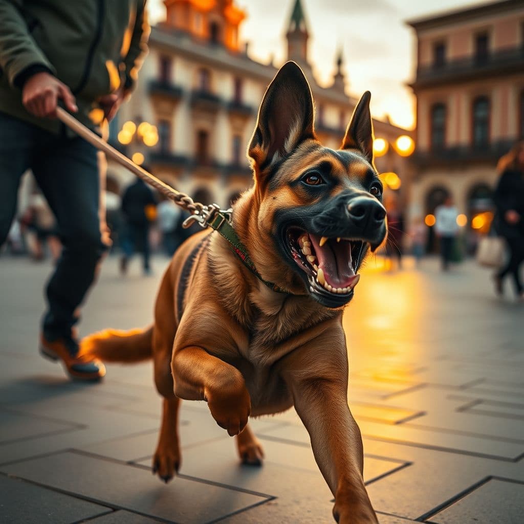 Perro tirando fuertemente de la correa mientras el dueño intenta controlarlo