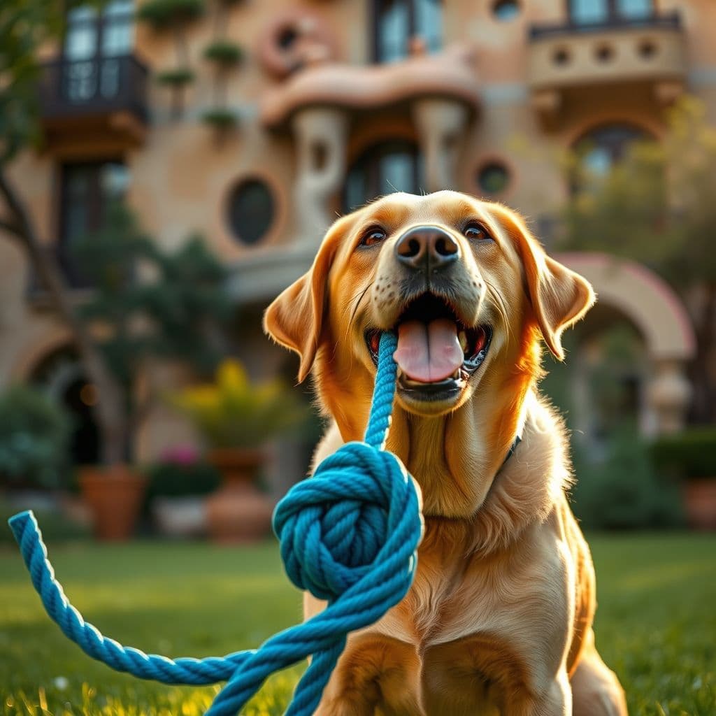 Perro jugando con juguete de cuerda en lugar de manos