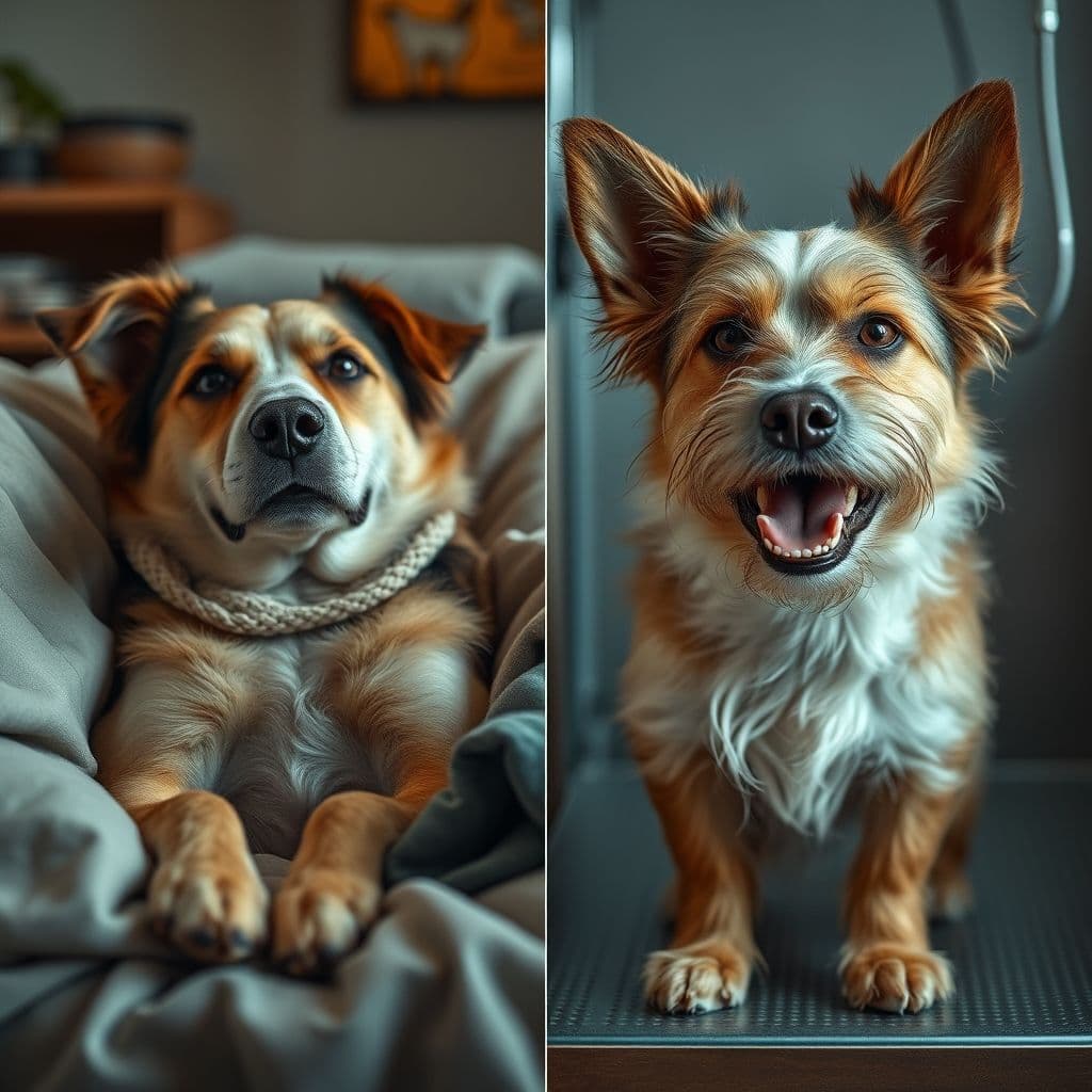 Comparación entre un perro bien cuidado en casa y uno en un salón de grooming estresado.