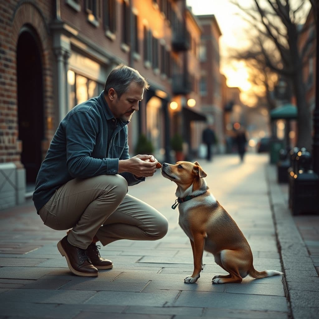 Dueño usando refuerzo positivo con su perro en un entorno urbano tranquilo