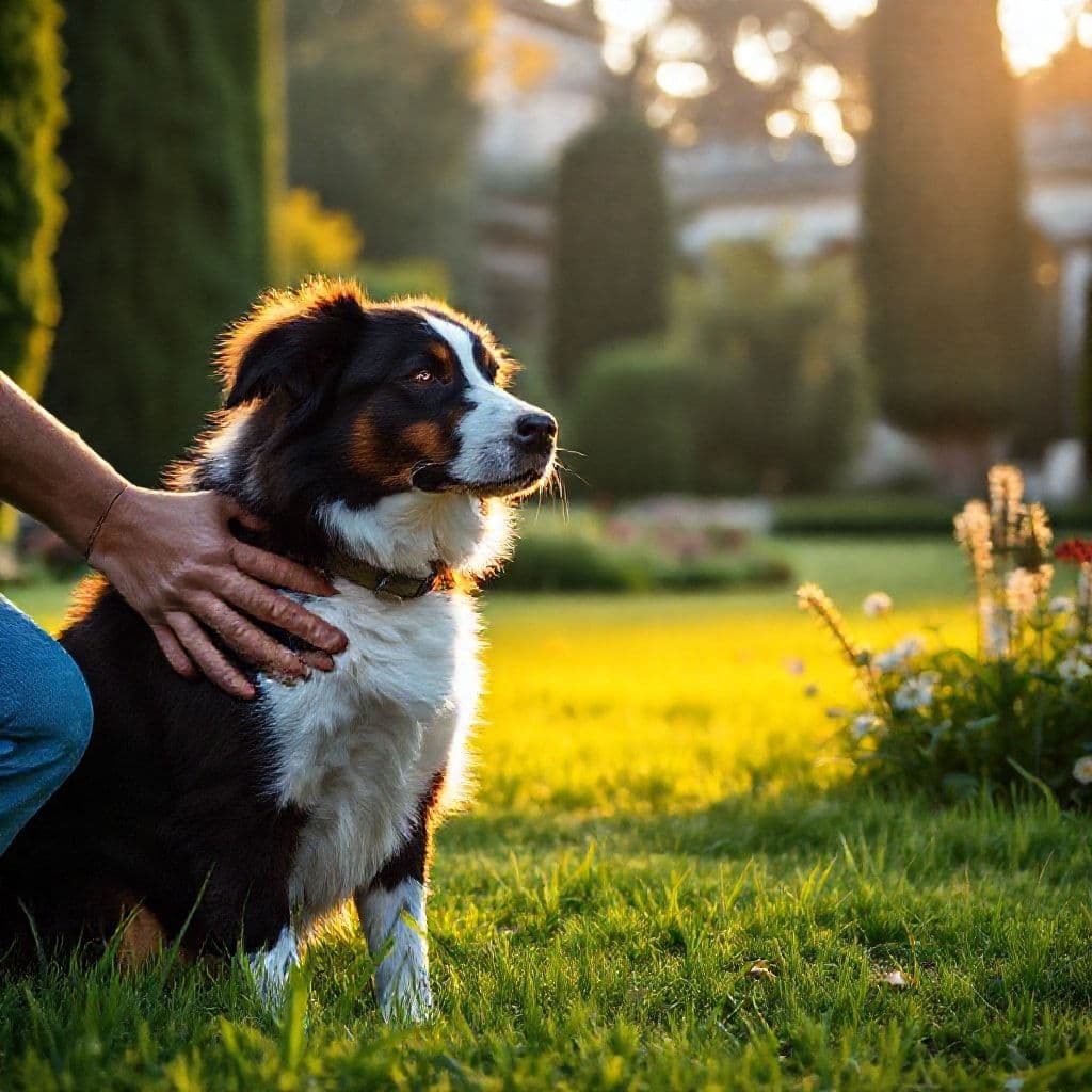 Perro sentado en calma esperando que le pongan el collar