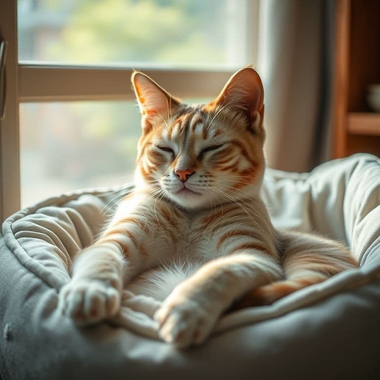 Gato con body protector casero descansando cómodamente en su cama