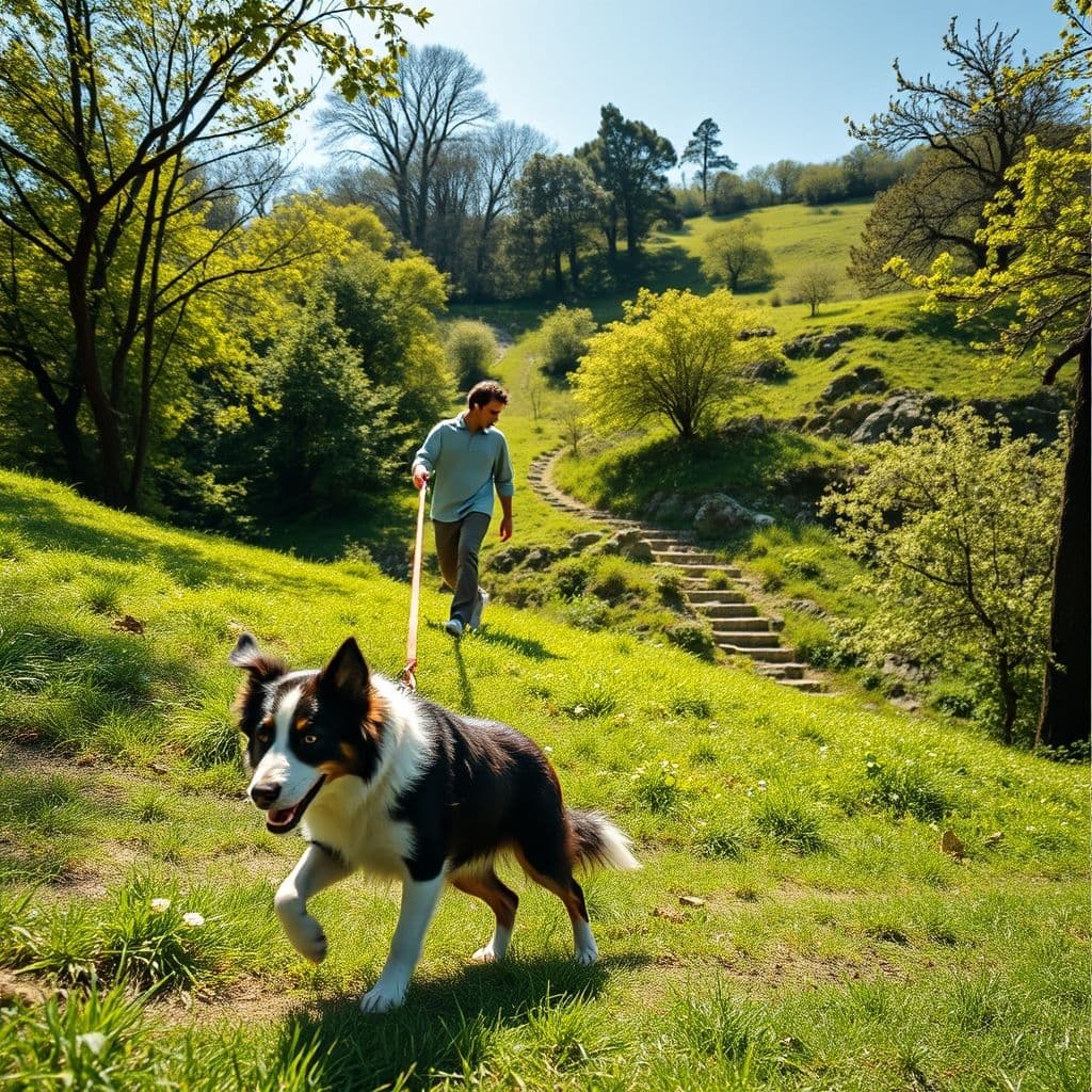 Dueño cambiando de dirección durante el paseo mientras el perro sigue obedientemente