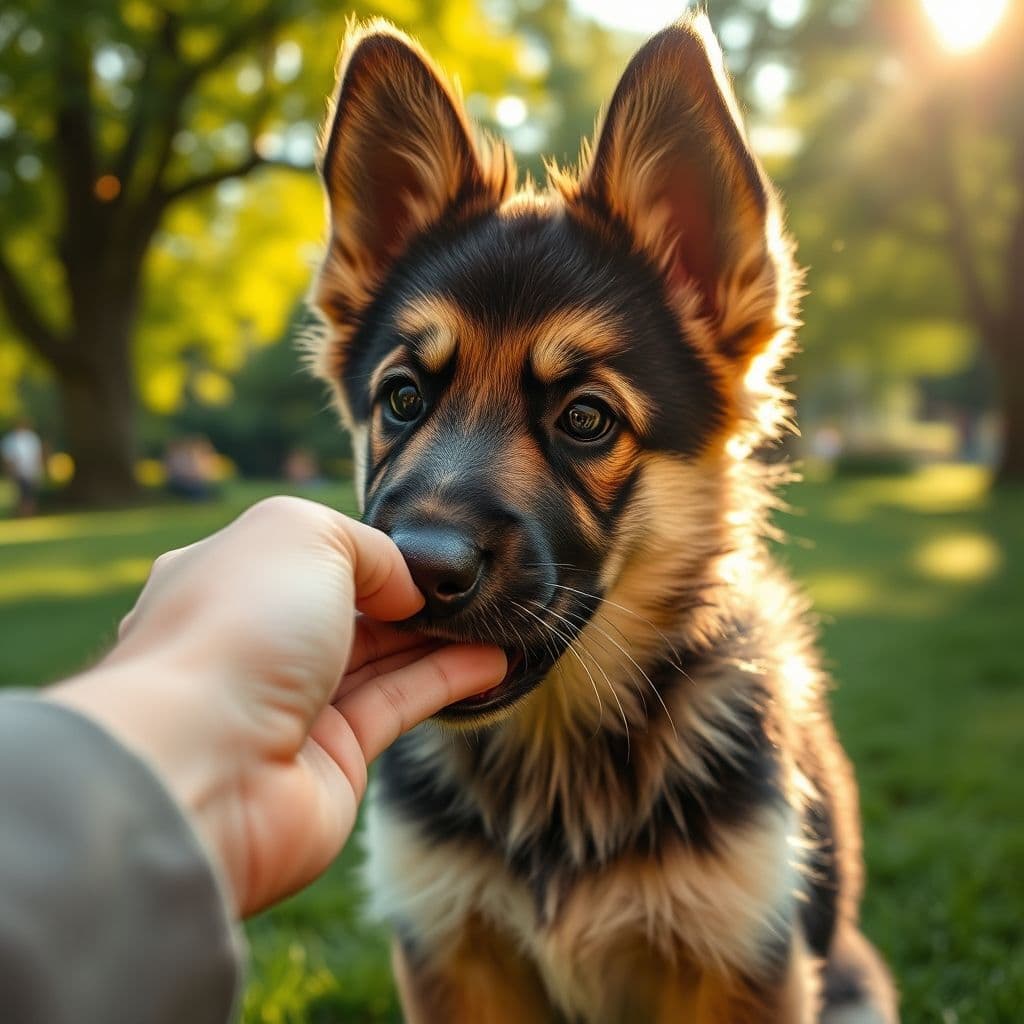Cachorro jugando con las manos de su dueño controlando la fuerza de mordida