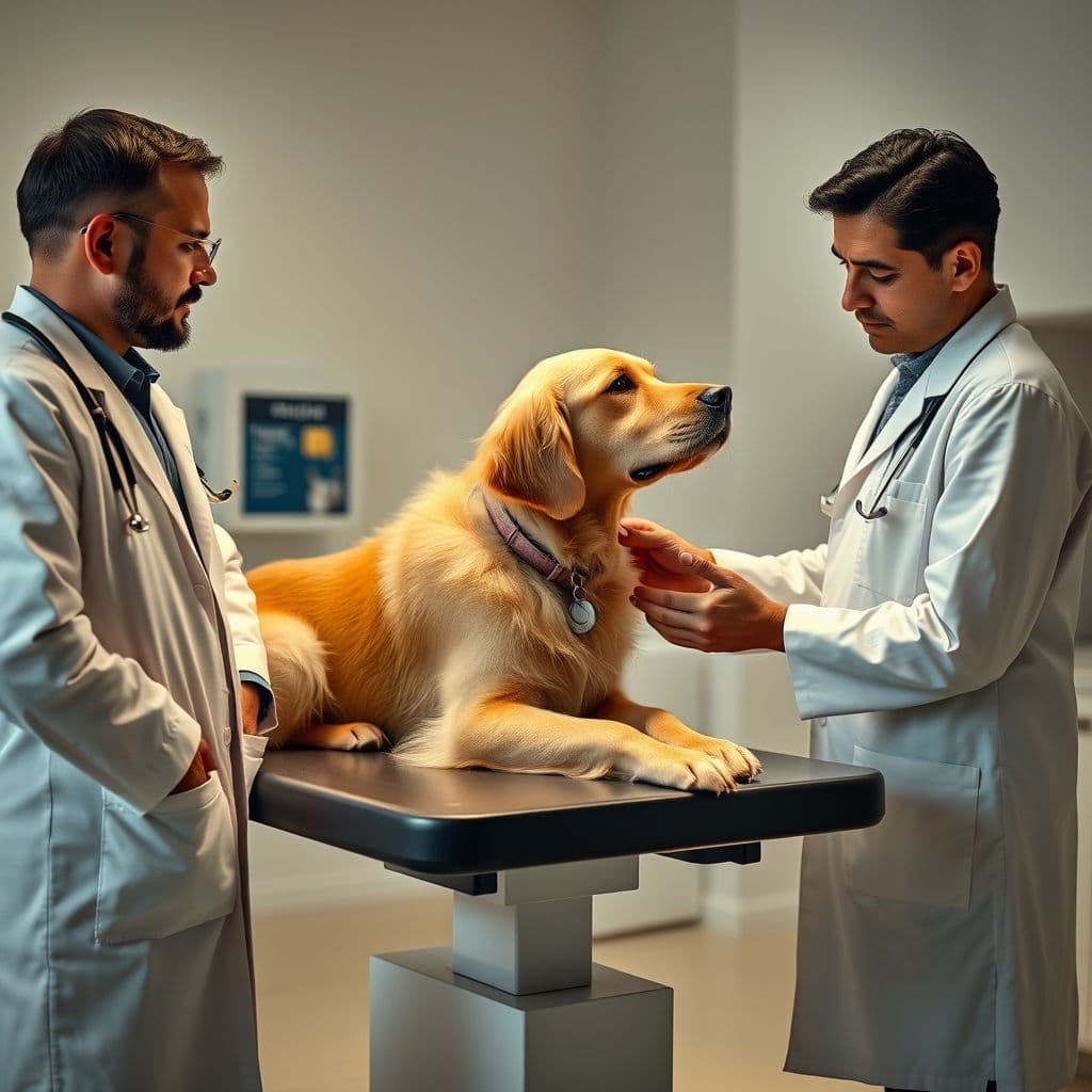 Veterinario examinando a un perro con dueño preocupado