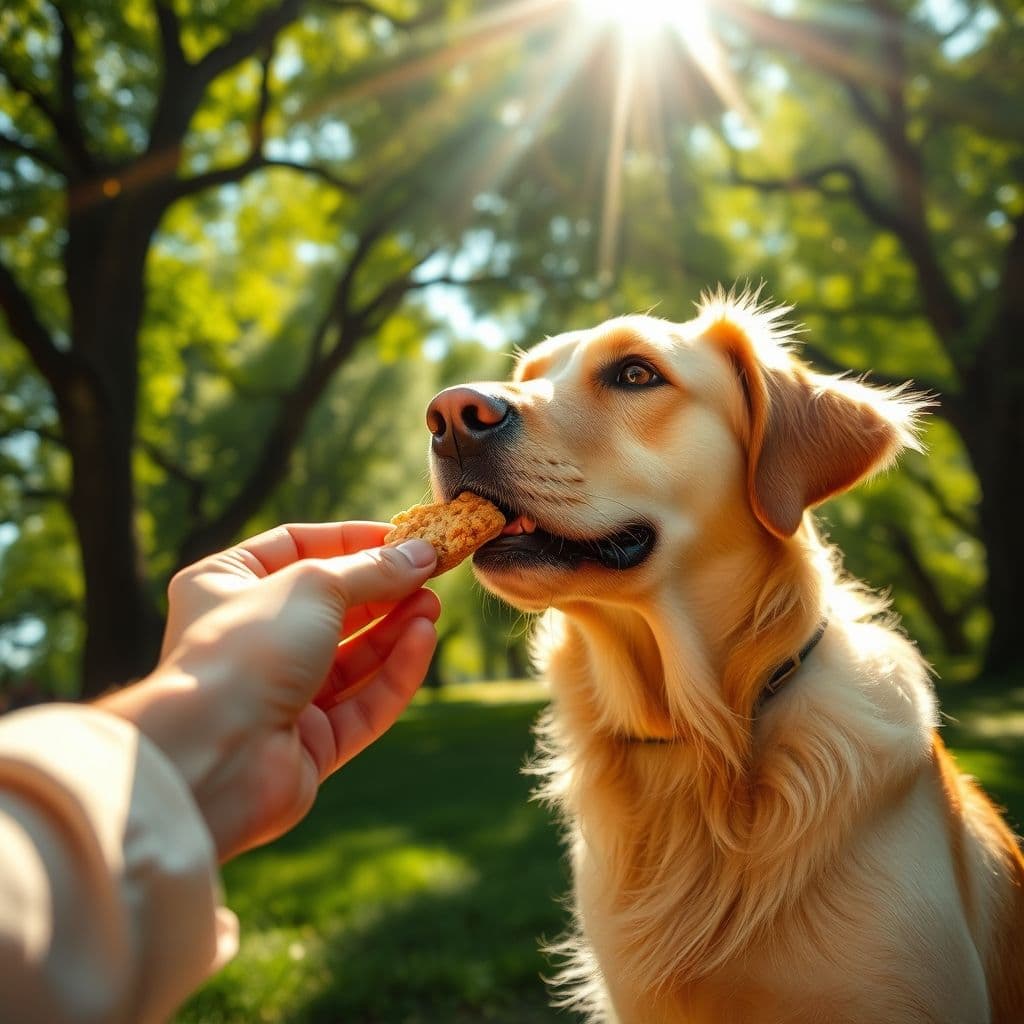 Dueño premiando a su perro en el momento exacto que hace contacto visual
