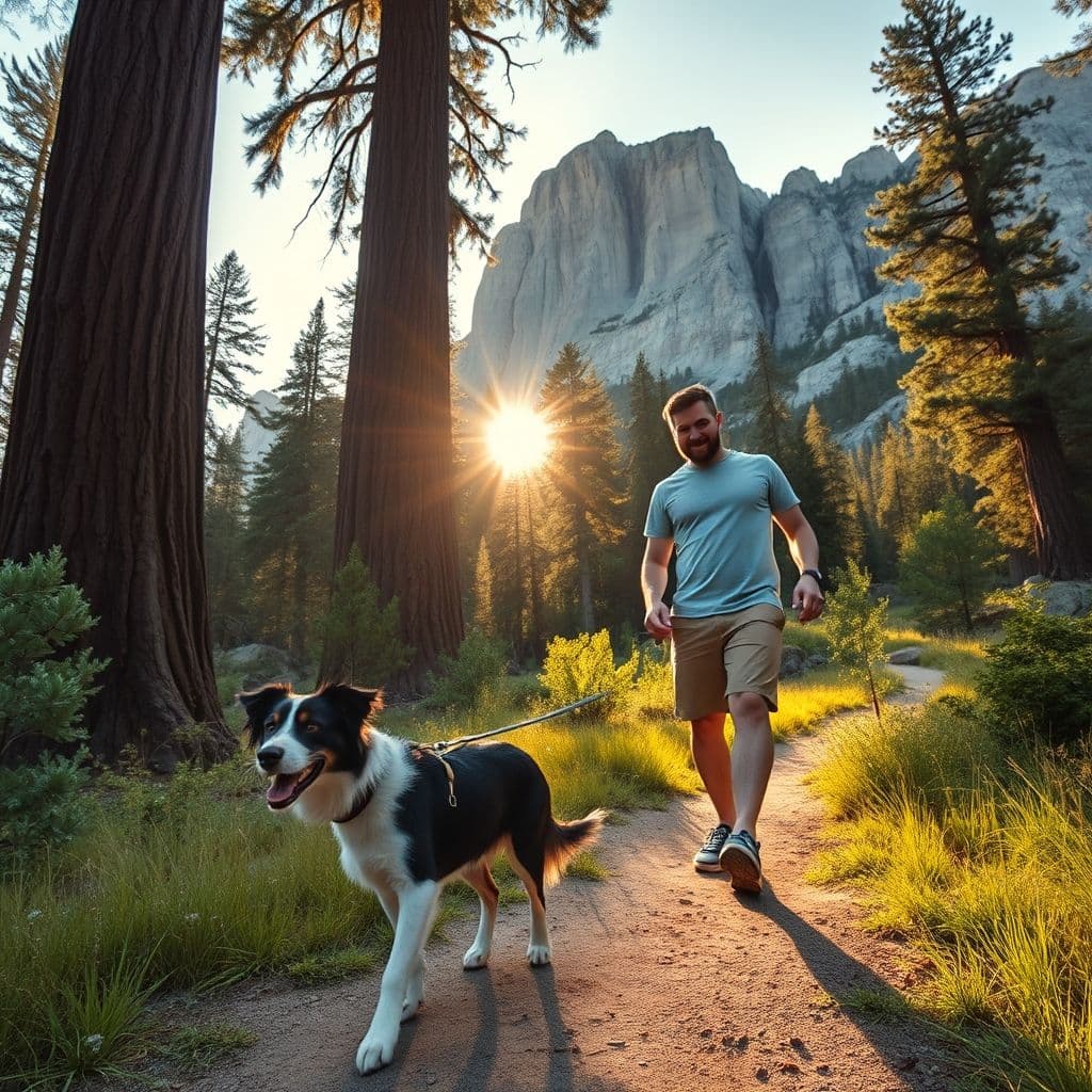 Perro caminando correctamente junto a su dueño con correa floja