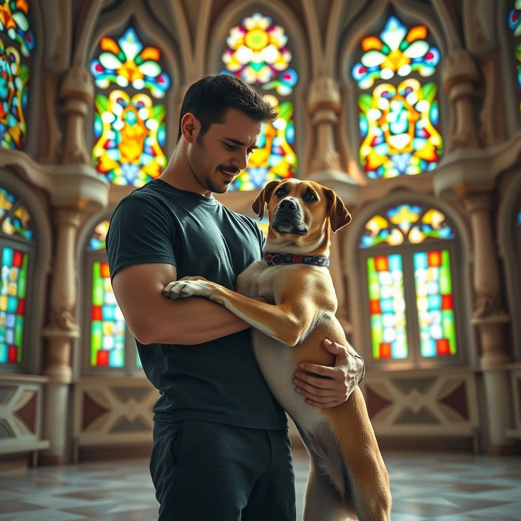 Adiestrador aplicando técnica de control suave en el cuello de un perro en entorno doméstico