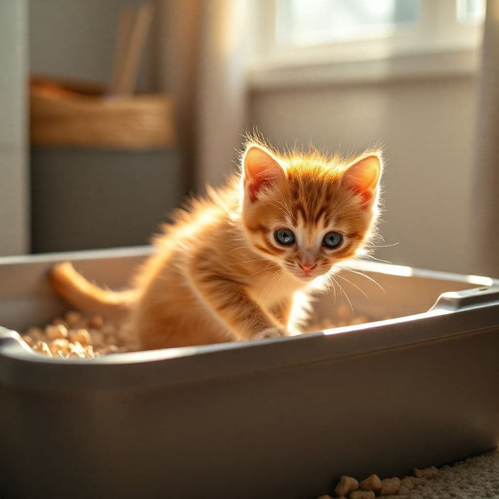 Gatito pequeño aprendiendo a usar arenero con arena limpia