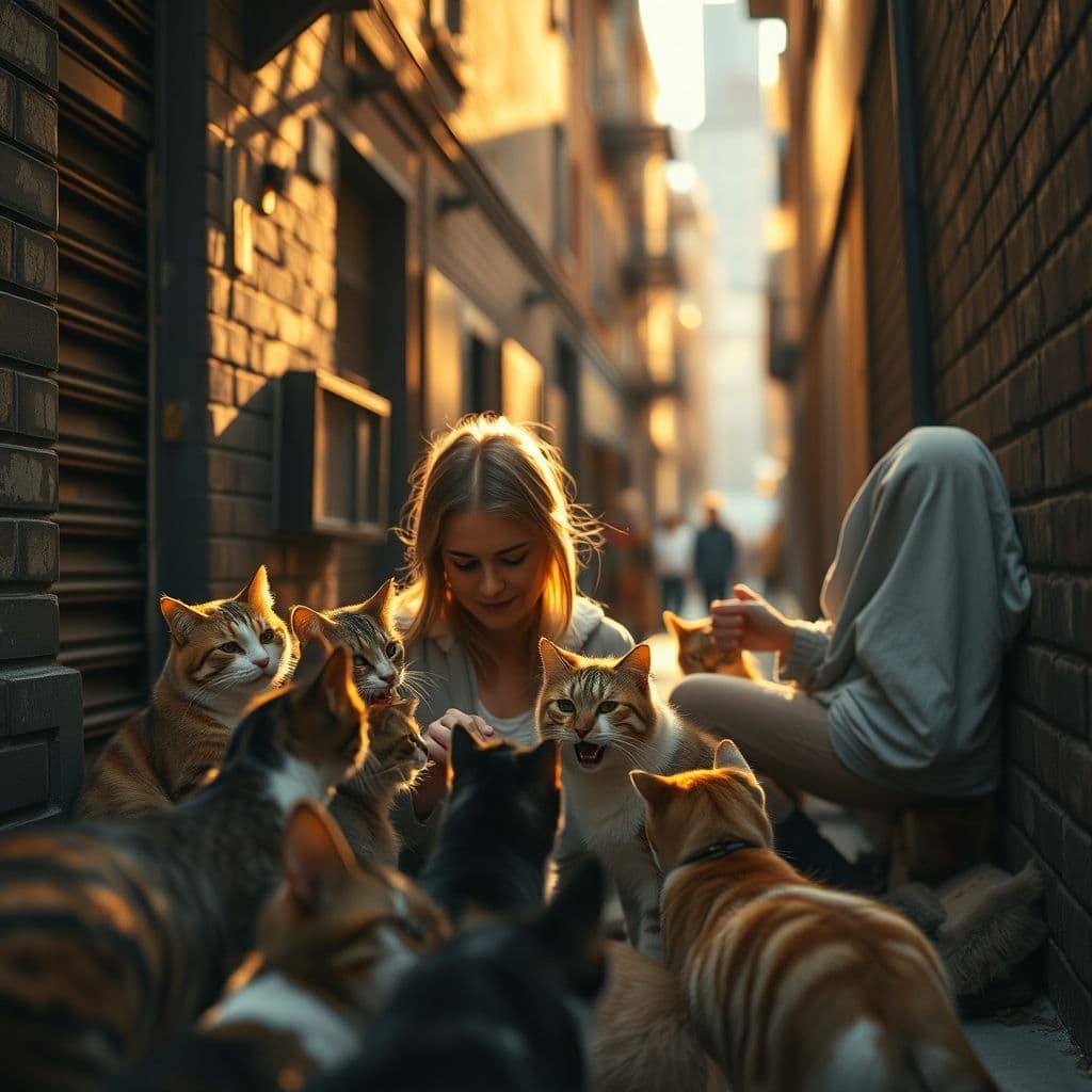 Alimentadora cuidando gatos callejeros en colonia felina durante atardecer