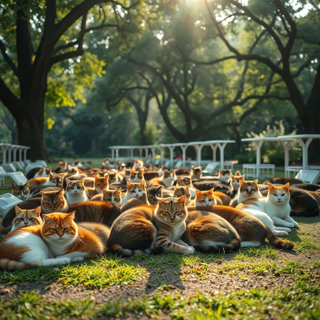 Colonia felina controlada con gatos esterilizados conviviendo pacíficamente
