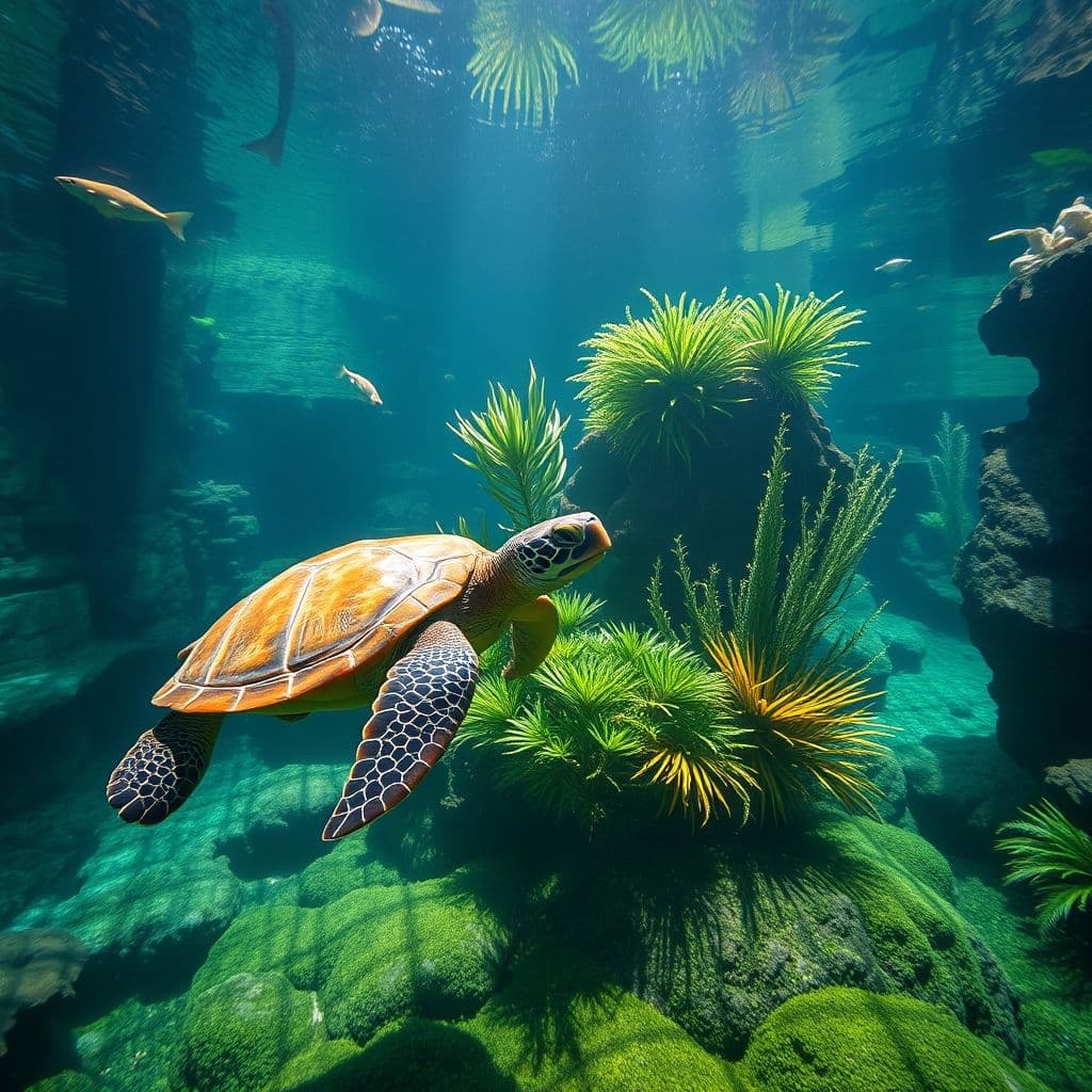 Pecera bien equipada para tortugas con filtro y zona seca.