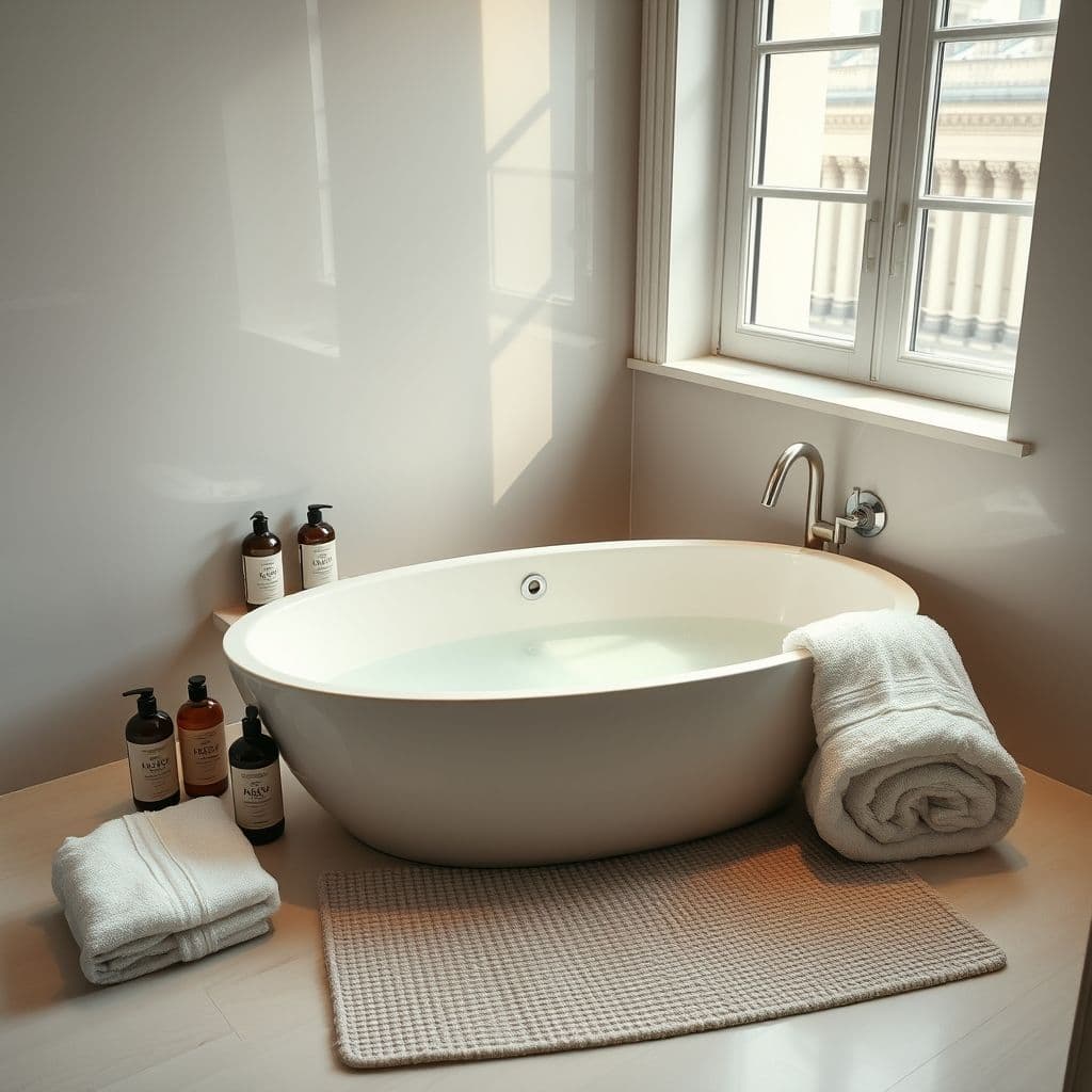 Bañera para perros con alfombra antideslizante y accesorios de baño.