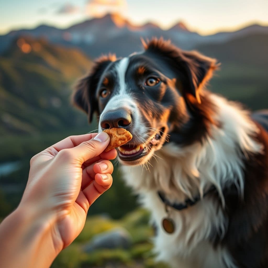 Dueño sosteniendo premio para perro mientras enseña comando de la patita