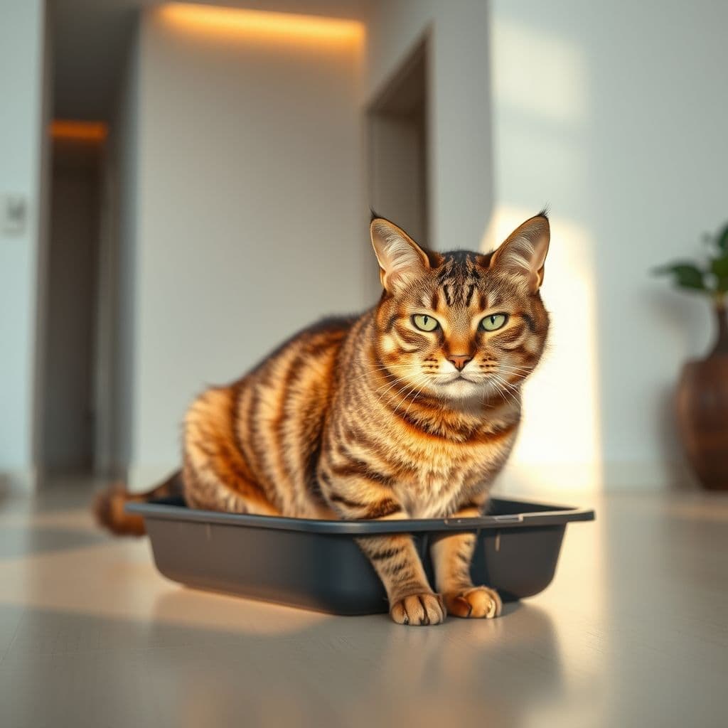 Gato usando arenero con arena segura y natural, mostrando comportamiento tranquilo