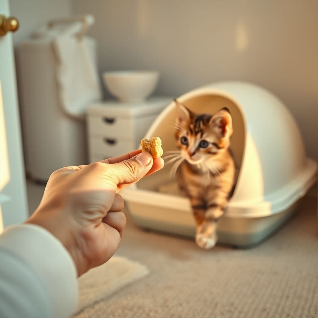 Gatito siendo premiado por usar correctamente la caja de arena