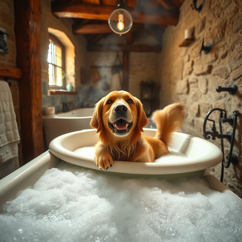 Perro feliz disfrutando de un baño en la bañera con agua tibia y champú suave.