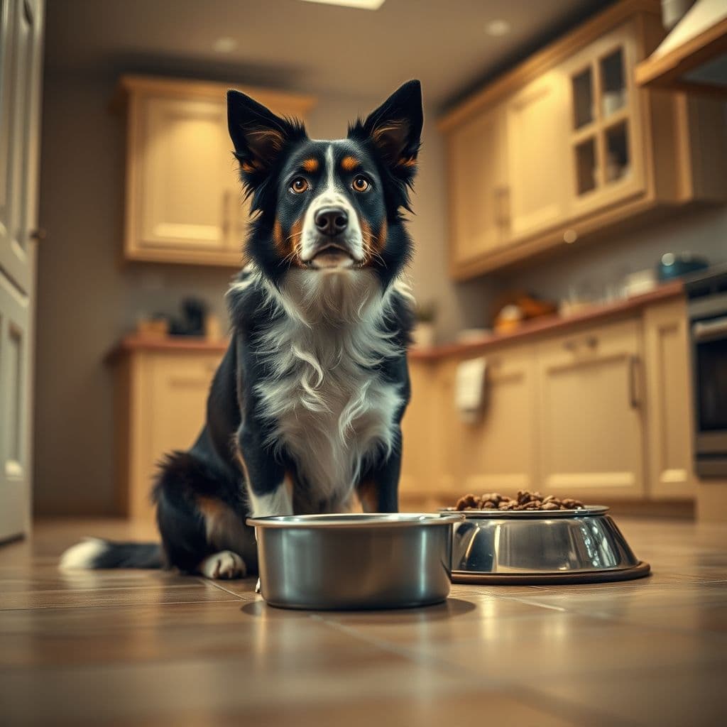 Perro esperando pacientemente junto a su plato de comida en horario establecido