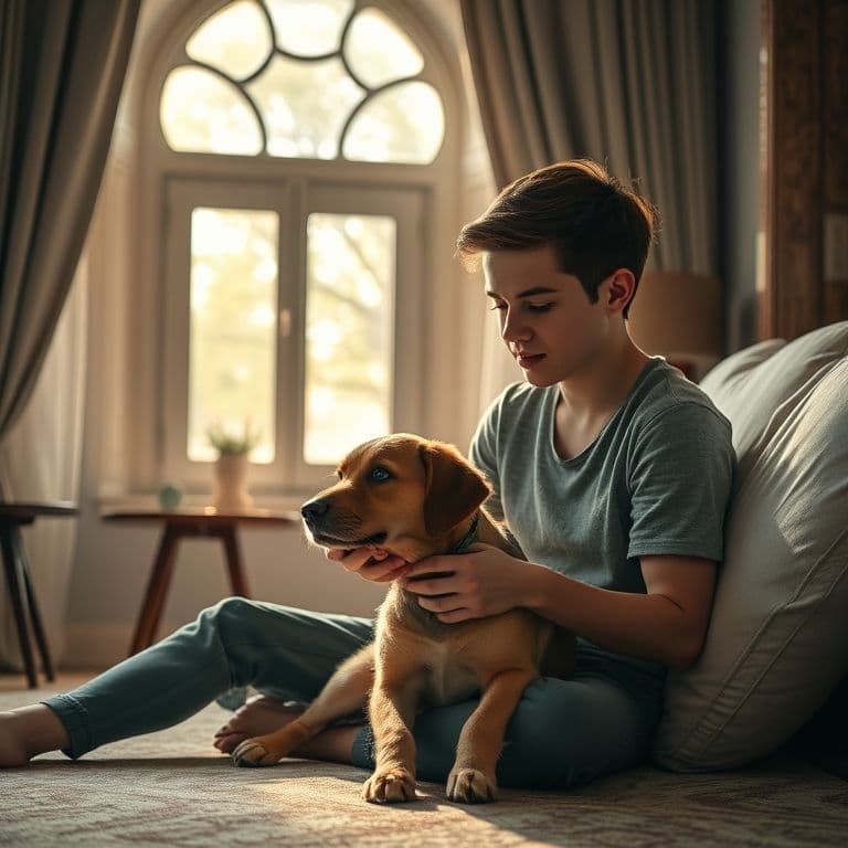 Mujer joven acariciando a su perro teckel en el salón de casa