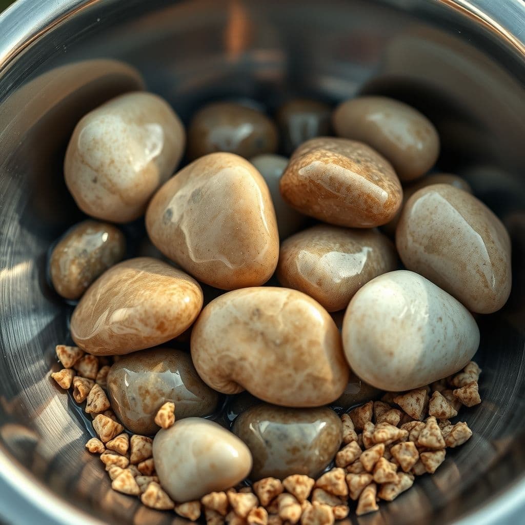 Close-up de piedras lisas y limpias en plato de acero inoxidable con croquetas