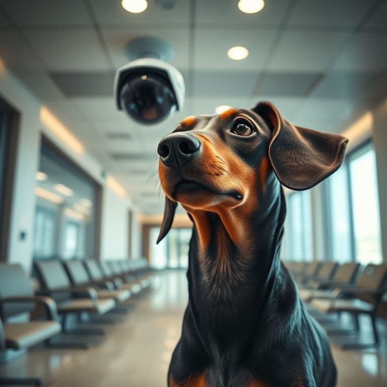 Perro teckel mirando fijamente una cámara de vigilancia en casa