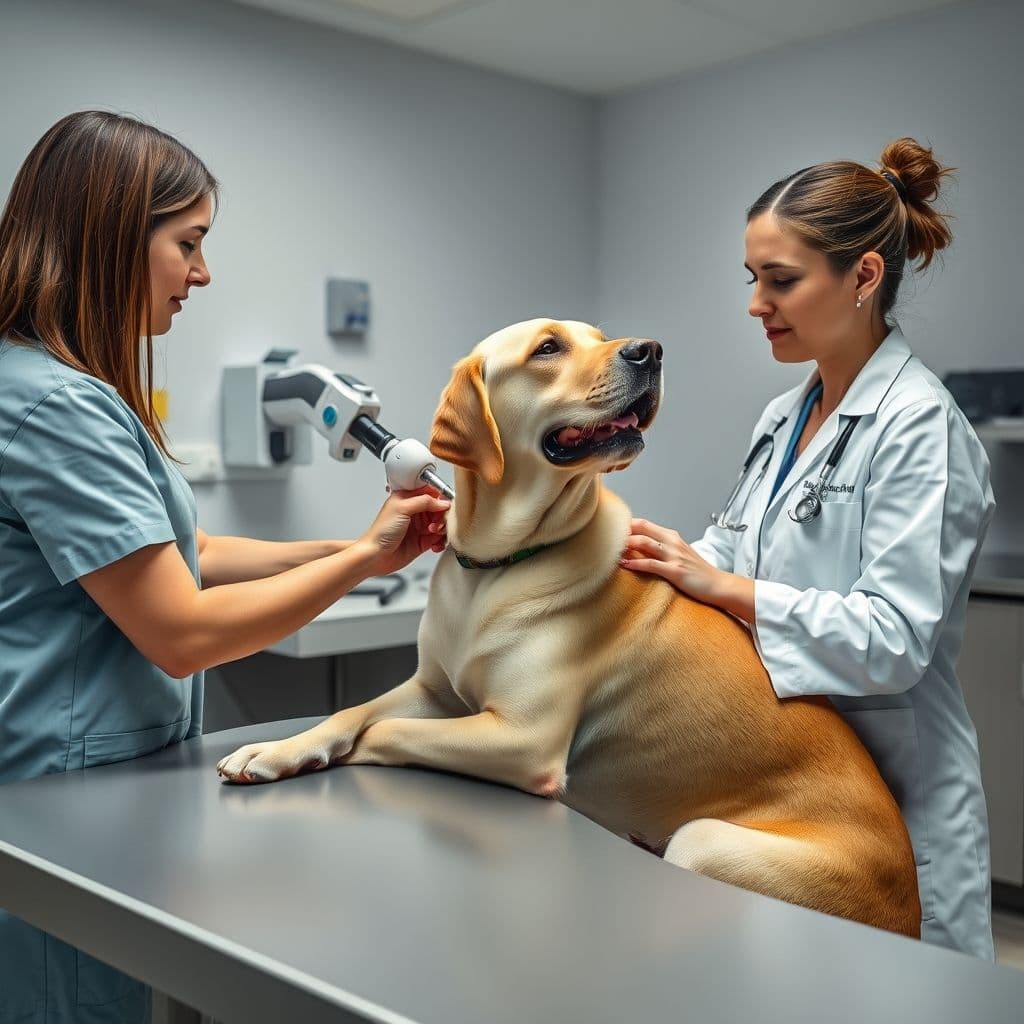 Veterinario examinando a un perro durante consulta de rutina