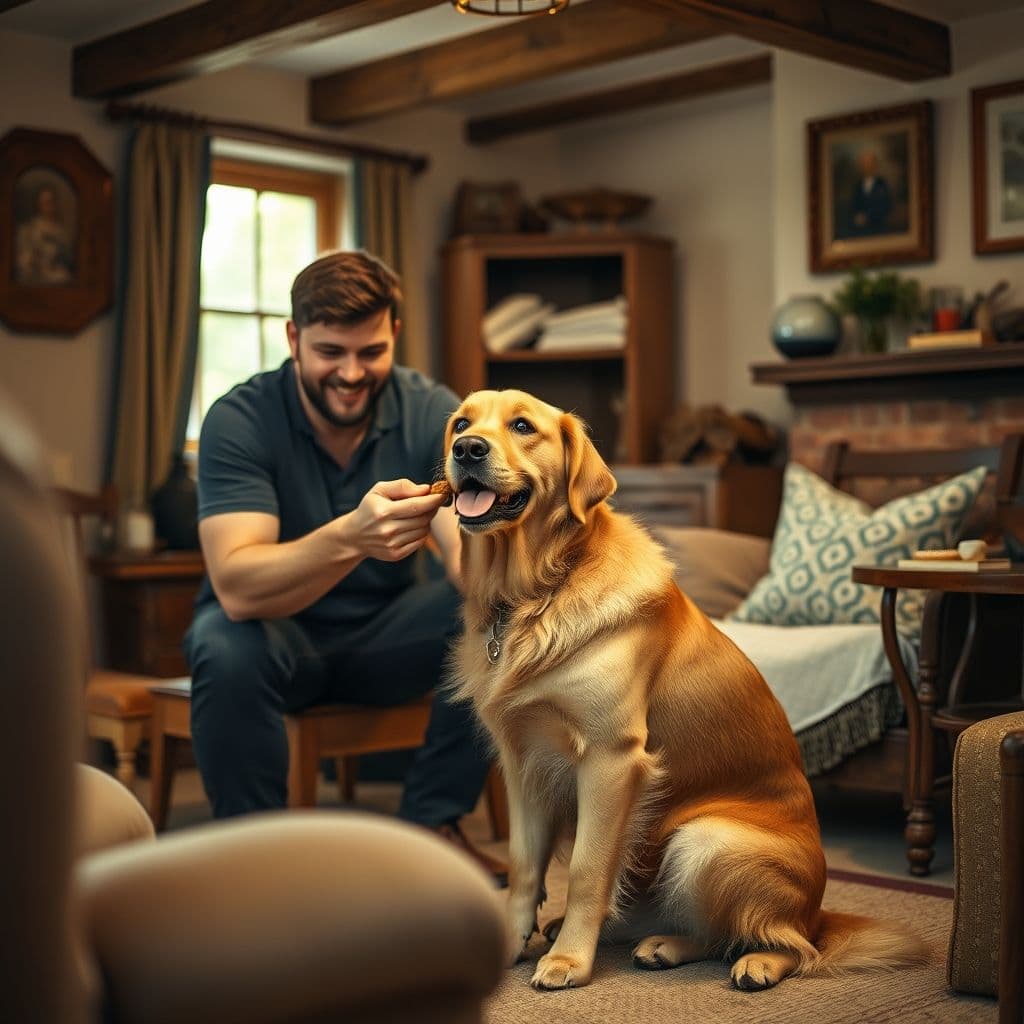Dueño usando refuerzo positivo con perro después de corrección
