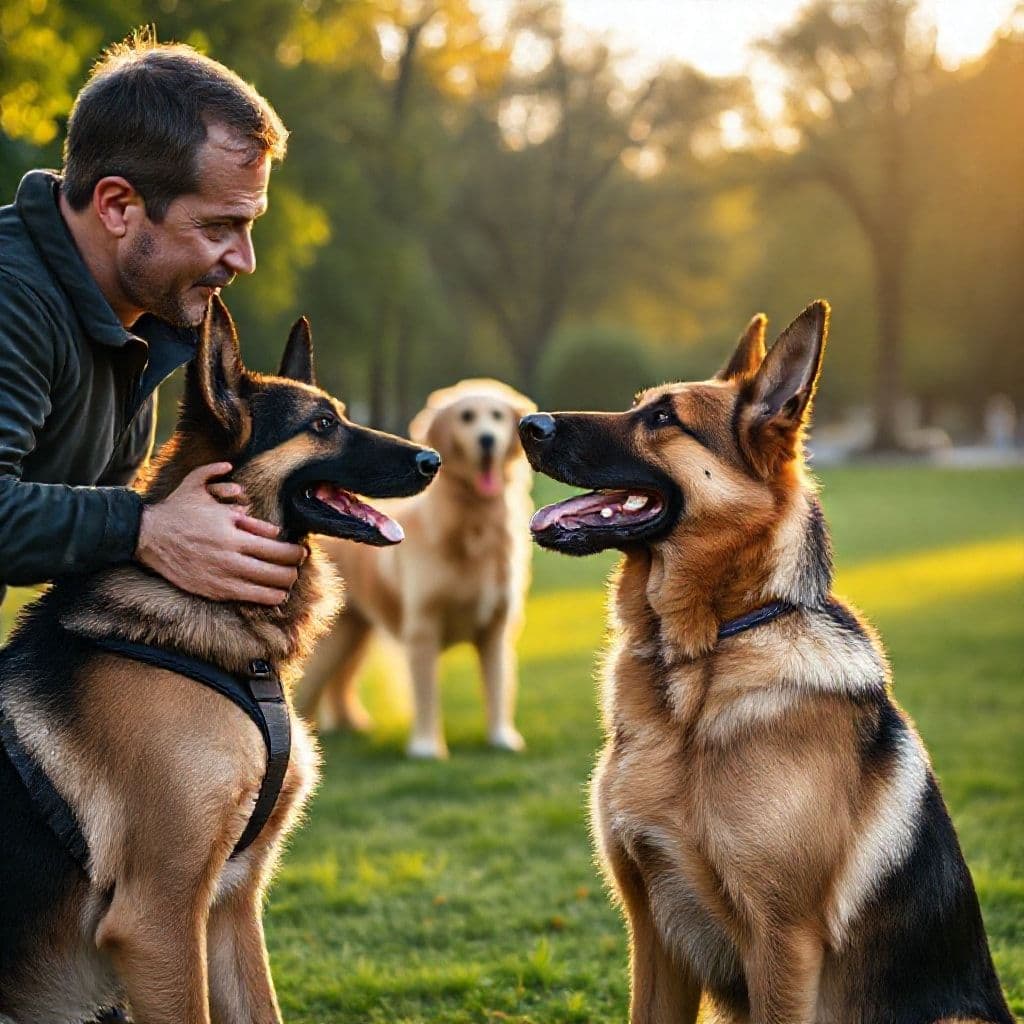 Dueño educando perro reactivo con arnés anti-tiro en parque