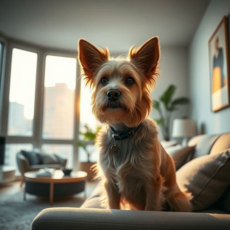 Perro usando sanitario natural de pasto real en interior