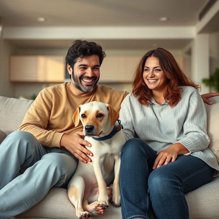 Familia feliz con su perro en el sofá sin preocuparse por los pelos