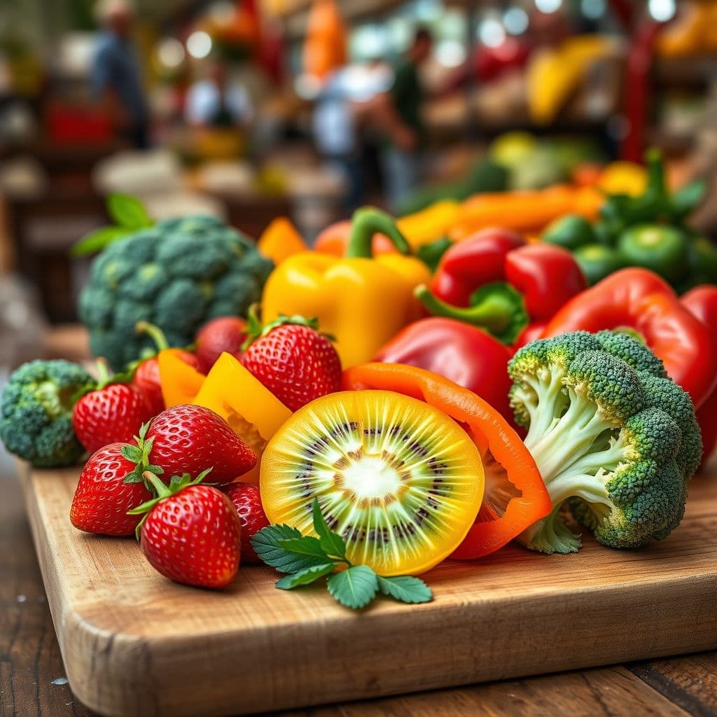 Selección variada de frutas y verduras ricas en vitamina C para cuyes