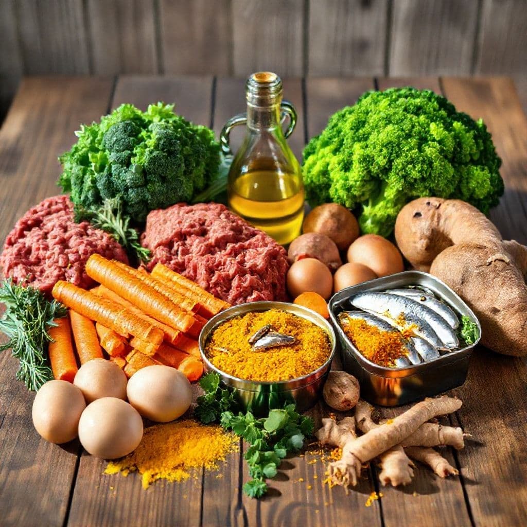 Ingredientes frescos para comida de perros esparcidos en una mesa de cocina