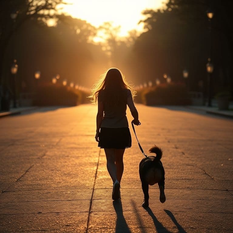 Dueño paseando con su perro al atardecer en un entorno urbano