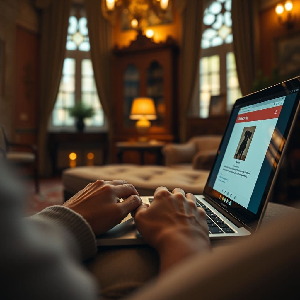 Persona creando un cartel digital para su mascota perdida en el computador